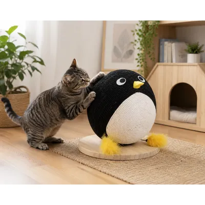 Balle a griffer pingouin pour chat avec corde 30cm
