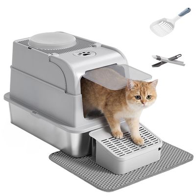 Feandrea Bac à Litière pour Chat, 2 Entrées, avec Pelle et Brosse
