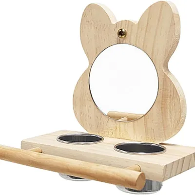 MCBOSON Ensemble Alimentation pour Oiseaux : Bol Inox, Cadre Bois & Miroir