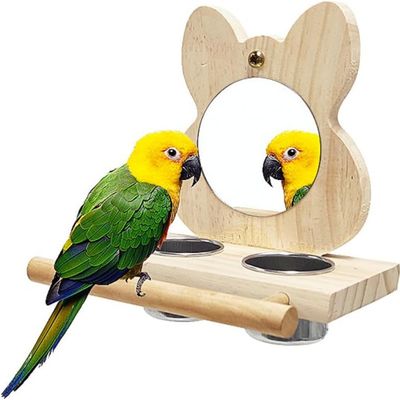 MCBOSON Ensemble Alimentation pour Oiseaux : Bol Inox, Cadre Bois & Miroir