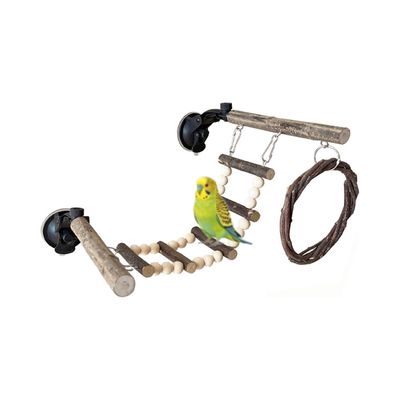 MCBOSON Perchoir Oiseaux Fenêtre Ventouse, Bois avec Balançoire & Échelle
