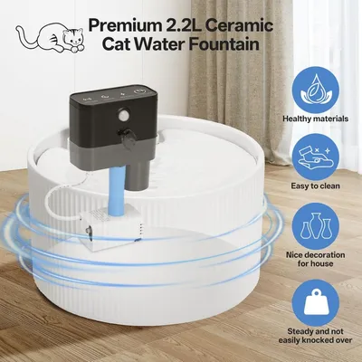 Zoomtopia Fontaine chat céramique 2,2L sans fil détecteur mouvement Zoomtopia Fontaine chat céramique 2,2L sans fil détecteur mouvement