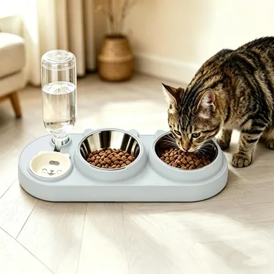 PetTribes Gamelle 3 en 1 Chat - Design Oreilles Chat, Bol Inox, 500ml
