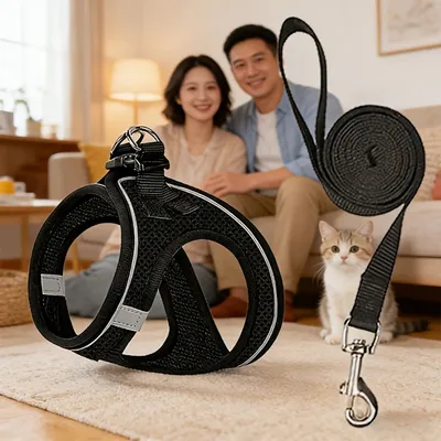 PetTribe Harnais+Laisse Chat, Réfléchissant, Promenades Sûres - Rose