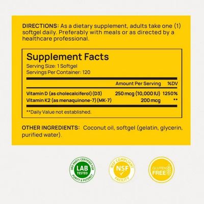 Applicable à OEM Vitamines D3 K2 naturelles 120 gélules biodisponibles