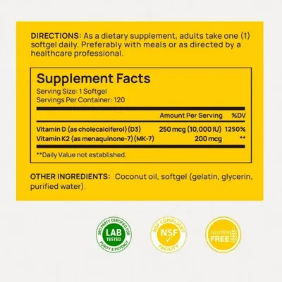 Applicable à OEM Vitamines D3 K2 naturelles 120 gélules biodisponibles Applicable à OEM Vitamines D3 K2 naturelles 120 gélules biodisponibles