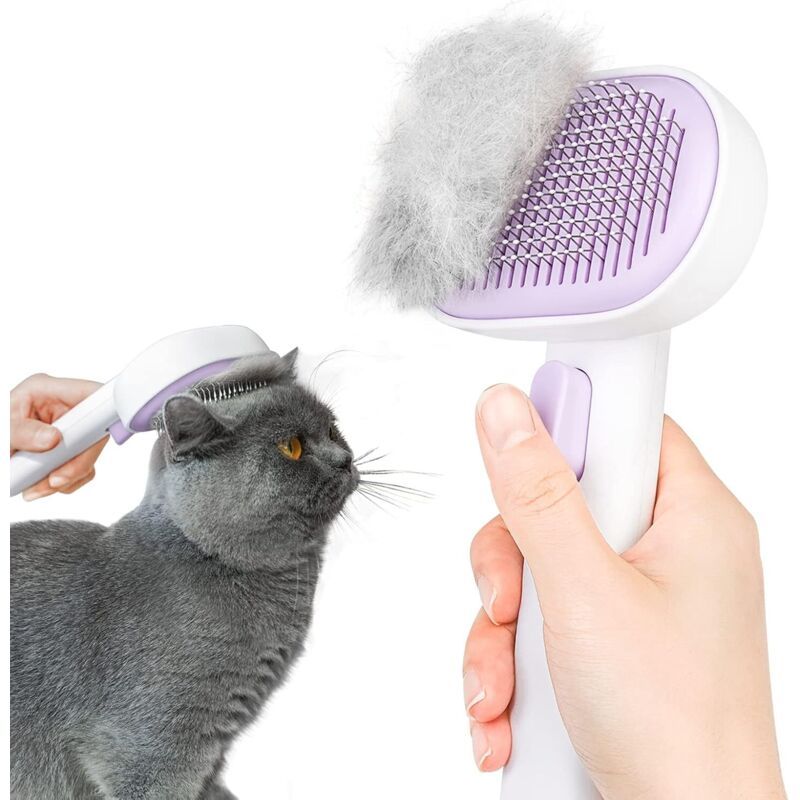 Brosse chat violette : système auto-nettoyant à une touche, massage doux