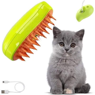 Brosse vapeur chat 3-en-1 verte : brosse multifonction massage & brossage Brosse vapeur chat 3-en-1 verte : brosse multifonction massage & brossage