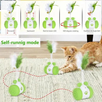 PetTribes Jouet Chat Automatique, Boule LED Plumes Cloche, Vert