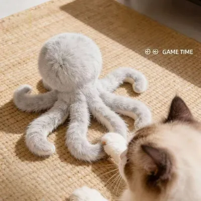 FurryFusion Jouet en forme de poulpe en poils de lapin pour chat
