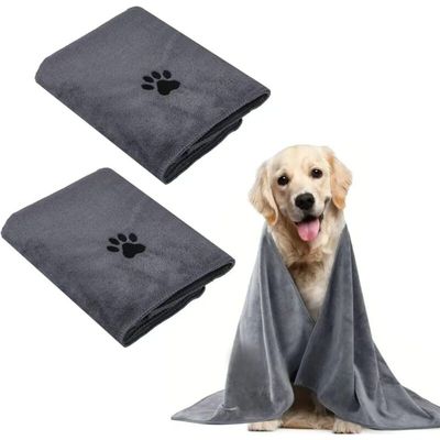 2 serviettes microfibre chien/chat 100x50cm : séchage rapide, gris