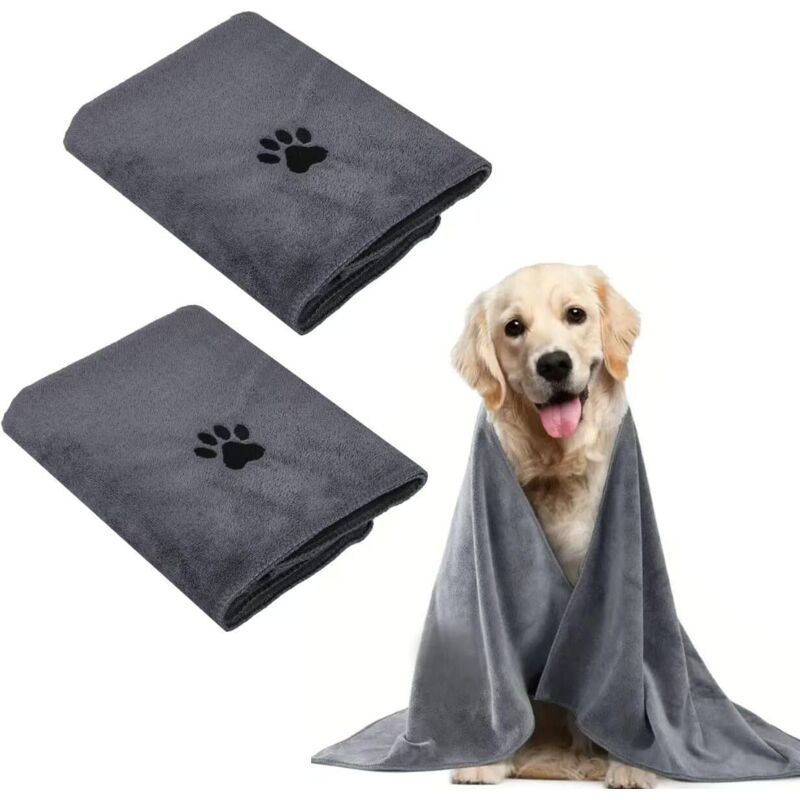 2 serviettes microfibre chien/chat 100x50cm : séchage rapide, gris