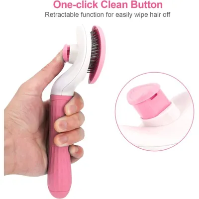 Brosse autonettoyante rose : peigne de massage pour chat & chien, 1 clic Brosse autonettoyante rose : peigne de massage pour chat & chien, 1 clic