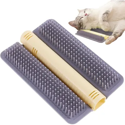 Grattoir angle chat : peigne massage, jouet interactif & cataire, gris Grattoir angle chat : peigne massage, jouet interactif & cataire, gris