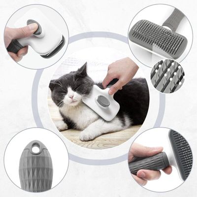 Peigne auto-nettoyant gris : brosse poils longs, massage silicone & acier