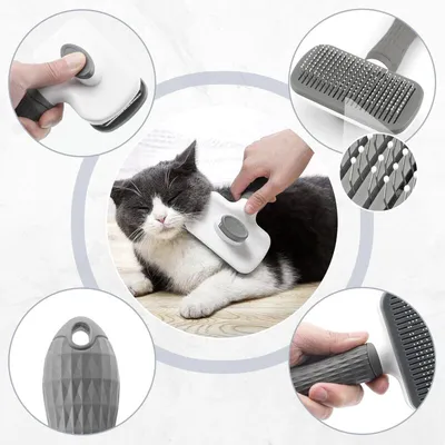Peigne auto-nettoyant gris : brosse poils longs, massage silicone & acier