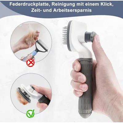 Peigne auto-nettoyant gris : brosse poils longs, massage silicone & acier