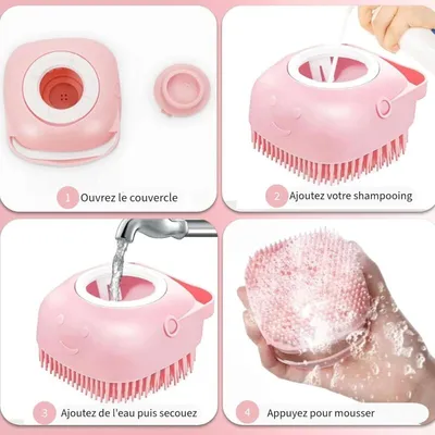 Brosse chien rose avec réservoir : peigne de bain & massage pour tout poil