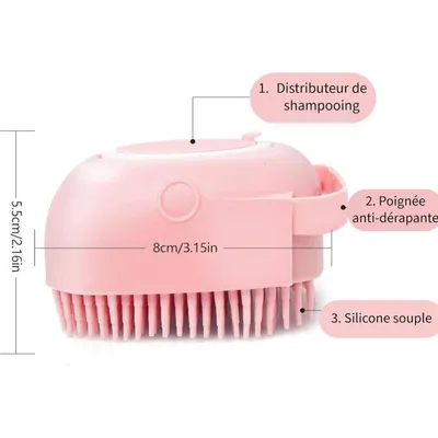 Brosse chien rose avec réservoir : peigne de bain & massage pour tout poil