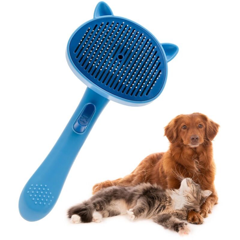 Brosse autonettoyante bleue : toilettage & massage, poils longs & courts