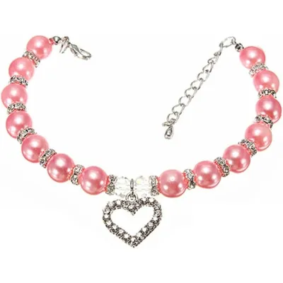 Collier Perles Animal Coeur Gravé Rose - PetTribes 2 Pièces