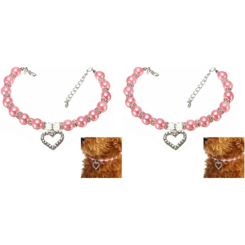 Collier Perles Animal Coeur Gravé Rose - PetTribes 2 Pièces