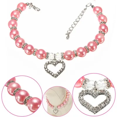 Collier Perles Animal Coeur Gravé Rose - PetTribes 2 Pièces