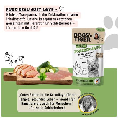 Nourriture pour chats Dogs’n Tiger Schabernack, poulet, canard et courgette