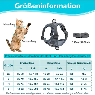 Harnais chat anti-éclatement avec laisse – Souple – Gris M