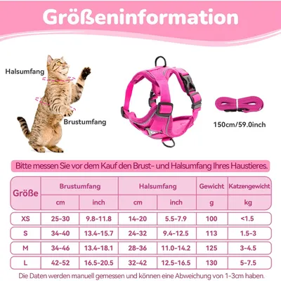 Harnais chat anti-éclatement avec laisse – Souple – Rose M