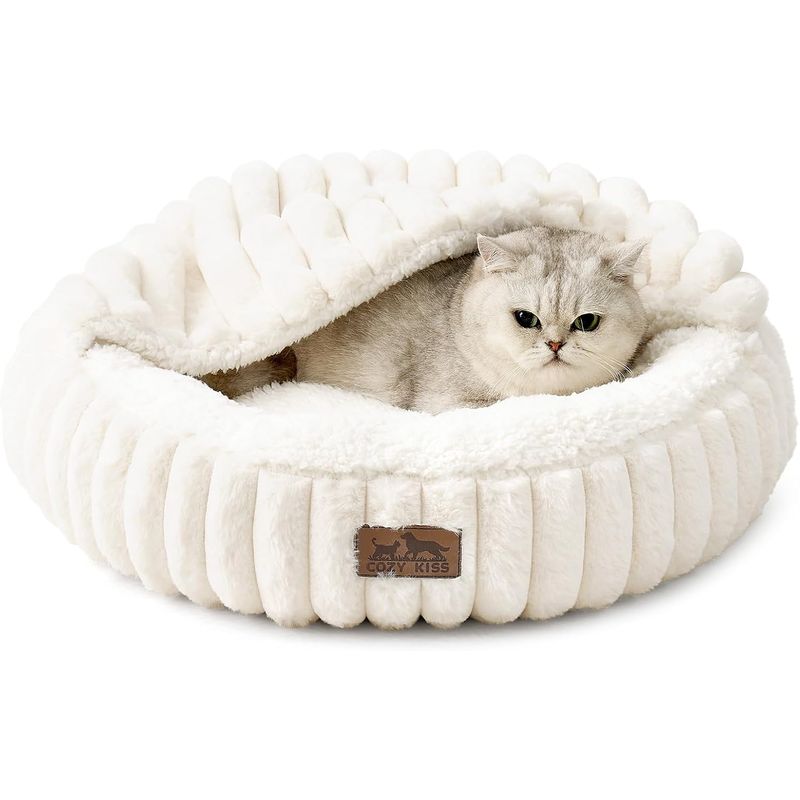 HausPets Kuschelbett für Katzen, Waschbares Donut-Kissen Creme