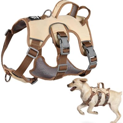Harnais anti-traction chien réfléchissant, beige + anneau poitrine, L