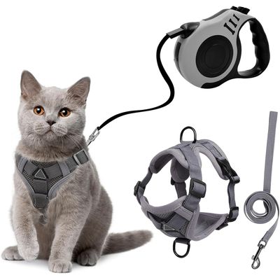 HausPets Harnais Chat Laisse Rétractable 3m Maille Réfléchissant Gris
