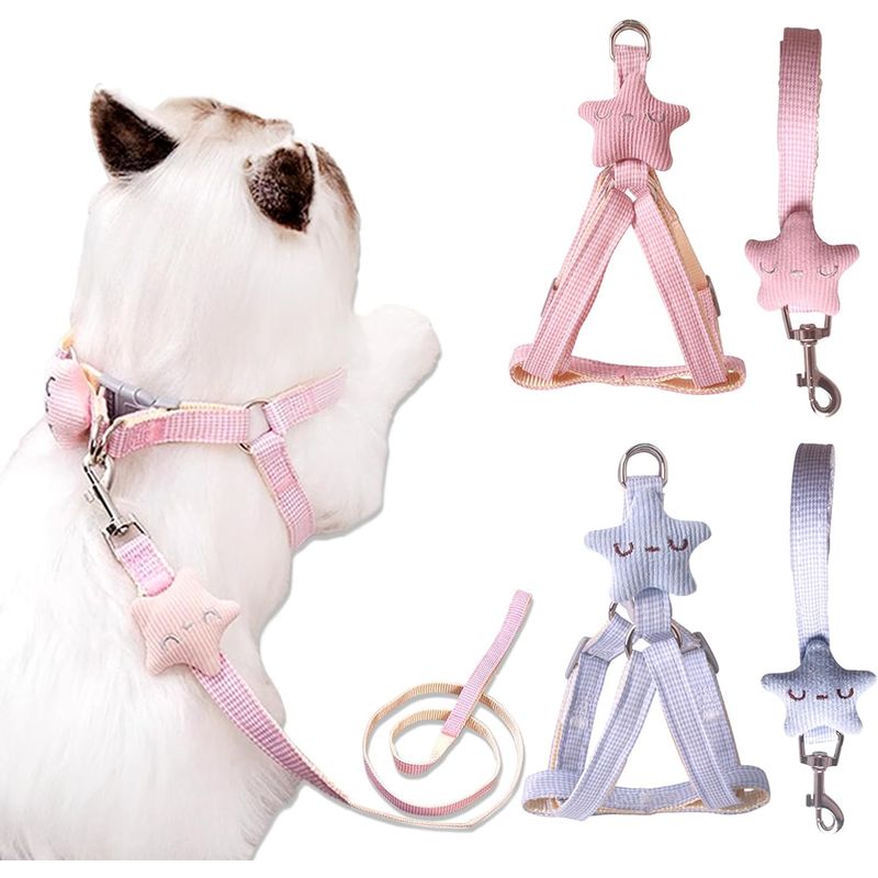 HausPets 2x Katzengeschirr Leine Sterne Verstellbar Rosa Blau
