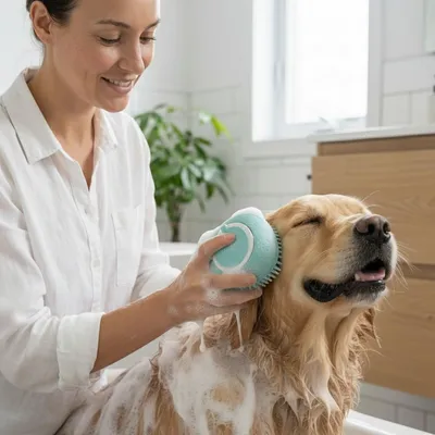 HausPets Brosse bain silicone bleue shampoing intégré HausPets Brosse bain silicone bleue shampoing intégré