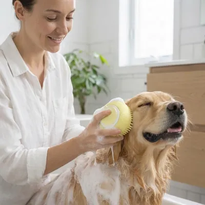 HausPets Brosse bain silicone jaune shampoing intégré HausPets Brosse bain silicone jaune shampoing intégré