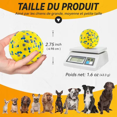 2 balles chien indestructible, 7 cm, jaune, jouet interactif