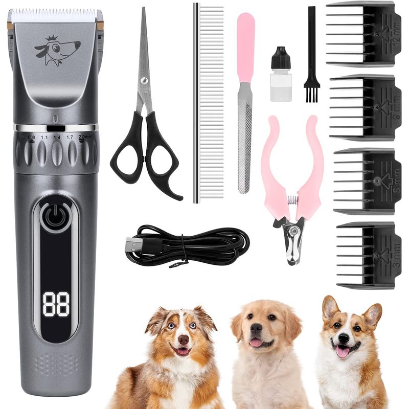 Tondeuse chien pro sans fil lames céramique LCD 5 vitesses lavable