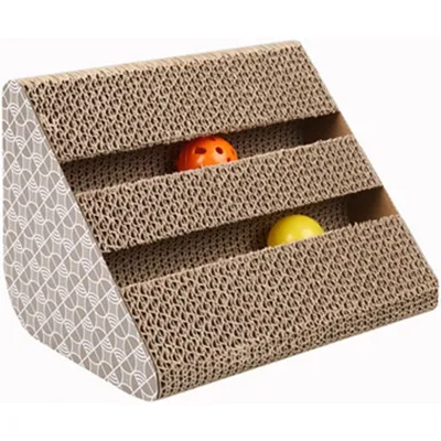 Arbre chat carton triangulaire rayures, jouet avec grelot Arbre chat carton triangulaire rayures, jouet avec grelot