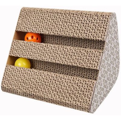 Arbre chat carton triangulaire rayures, jouet avec grelot