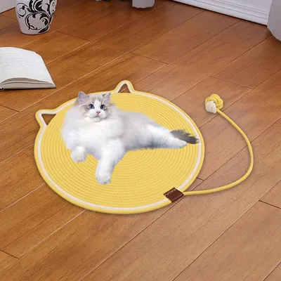 HausPets Kratzmatte für Katzen aus Baumwolle mit Ball, Gelb 50cm