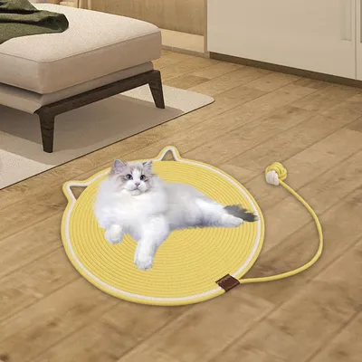 HausPets Kratzmatte für Katzen aus Baumwolle mit Ball, Gelb 50cm