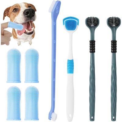 8 brosses à dents chien – Triple tête + doigts – Anti-plaque