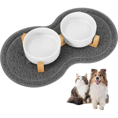 Gamelle chien 400mL – 2 pièces céramique + support bambou