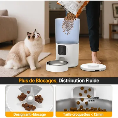 Distributeur croquettes chat automatique WiFi caméra 5L blanc Distributeur croquettes chat automatique WiFi caméra 5L blanc