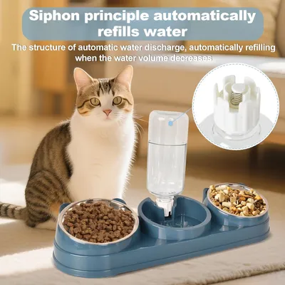 3-in-1 Katzennapf-Set – Doppelnapf + 500-ml-Flasche