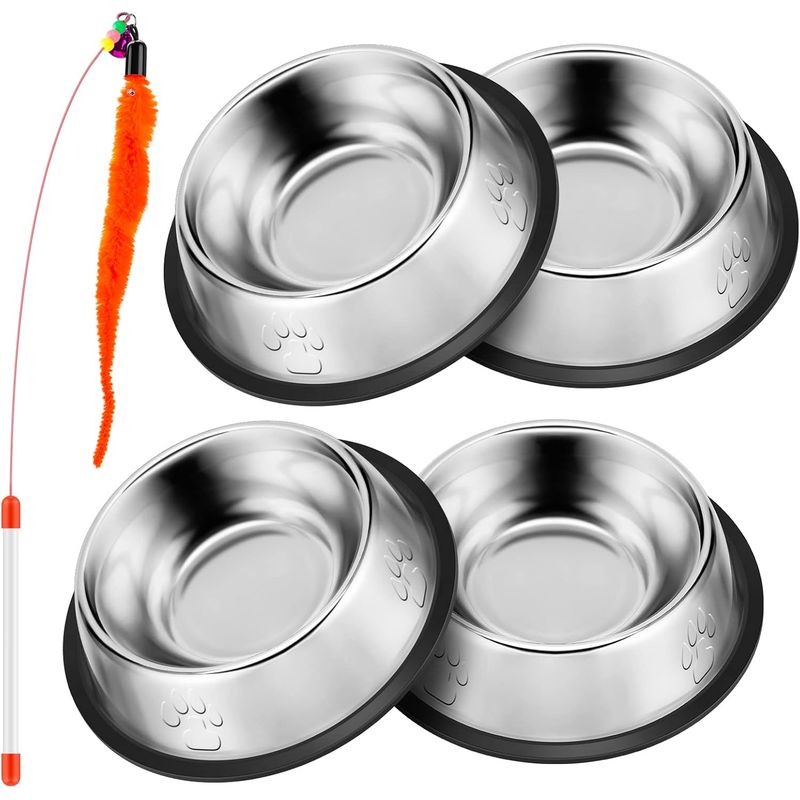 4-teiliges Edelstahl-Katzennapf-Set + Spielzeug – Futter- und Wassernäpfe