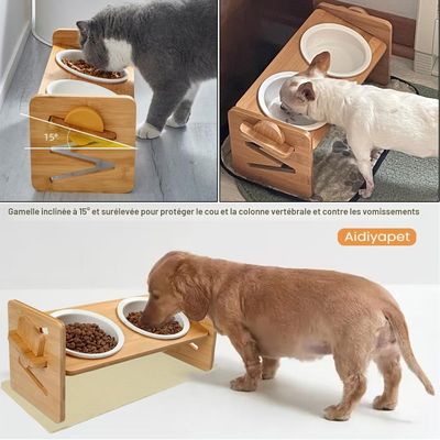 Gamelle surélevée support incliné 15°, réglable céramique, chats petits en
