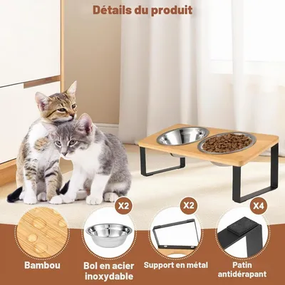 Gamelles surélevées Chats, incliné 15° Inoxydable, Support Bol en
