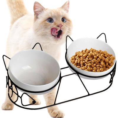 Set mit 3 erhöhten Keramiknäpfen für Katzen – Keramik – 15° Neigung